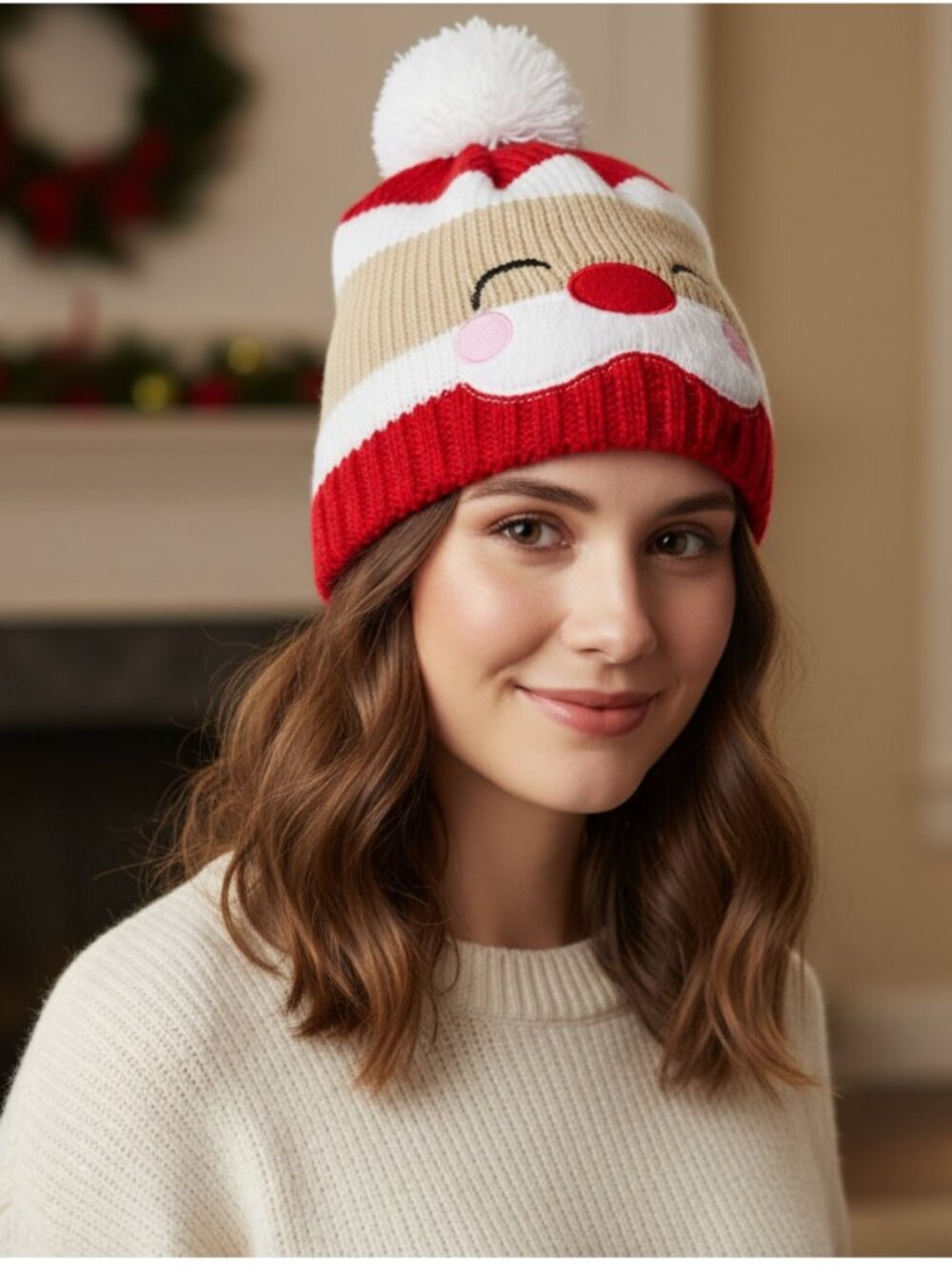 Cute Festive Santa Claus Knit Beanie Hat with Pom-Pom | Holiday Winter Beanie